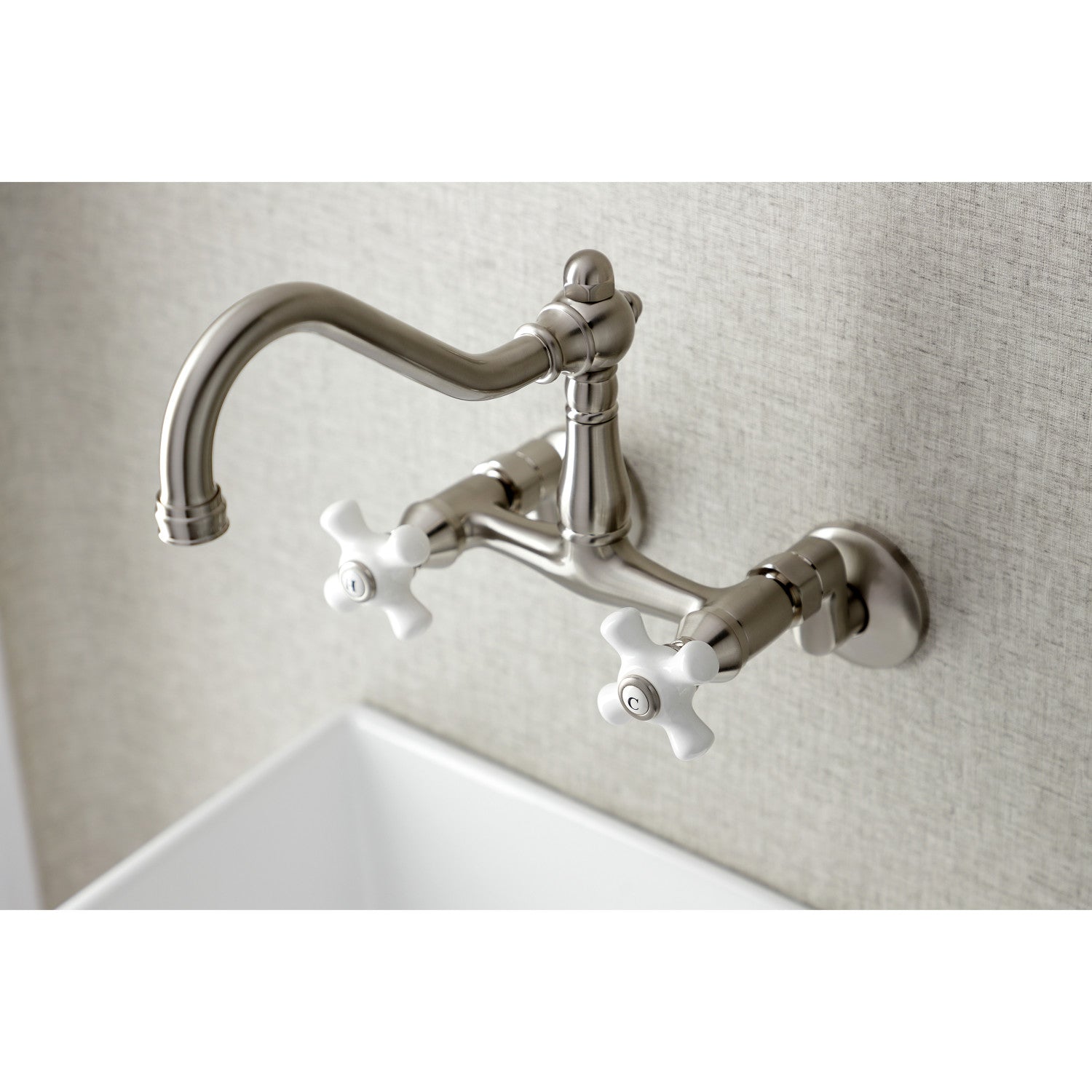 Kingston Heirloom KS3228PX - Vintage Two-Handle 2-Hole Wall Mount Bridge Kitchen Faucet, Brushed Nickel — thumbnail 3